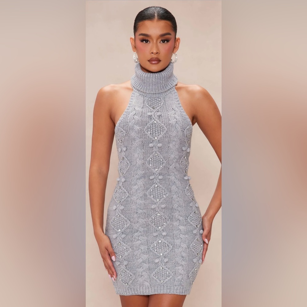 Elegant Gray Knit Halter Dress